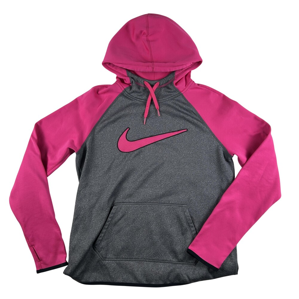 Nike Therma-FIT Hoodie Womens Medium Gray Big Swoosh Fleece Pullover Sweatshirt